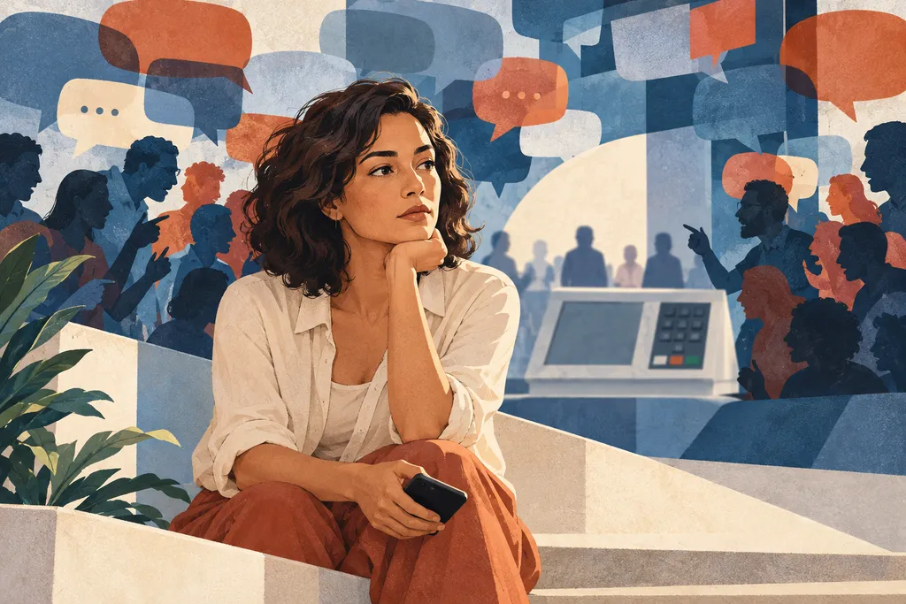 Ilustração de uma mulher pensativa com celular na mão, cercada por representações de discussões e uma urna eletrônica ao fundo.