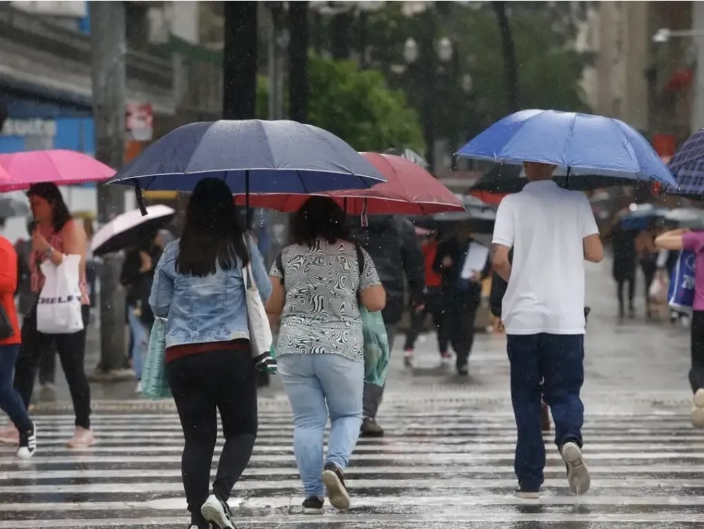 Pessoas atravessando uma faixa de pedestres debaixo de chuva com seus guarda-chuvas