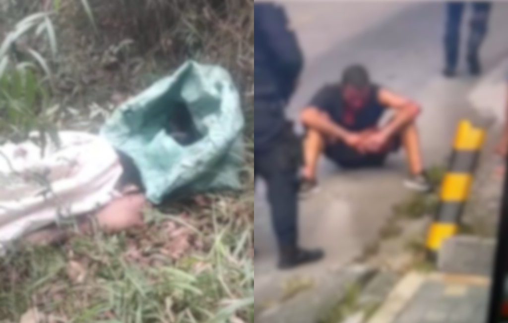 A imagem apresenta uma montagem composta por duas fotografias distintas que sugerem um contexto de violência ou crime: à esquerda, vê-se o que parece ser um corpo humano parcialmente coberto por sacos plásticos e tecidos, caído em uma área de vegetação rasteira e folhagem seca; à direita, uma foto desfocada mostra um homem sentado no chão de uma via pública, com a cabeça baixa e vestindo roupas escuras, enquanto um oficial uniformizado permanece em pé ao seu lado, indicando uma possível detenção ou atendimento policial em decorrência do evento ilustrado na primeira cena