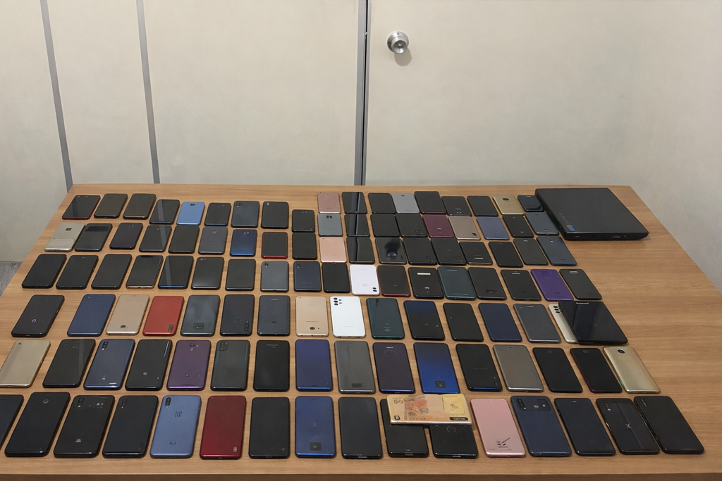 Mesa de madeira com dezenas de celulares apreendidos pela Guarda Civil Municipal de Francisco Morato, dispostos em fileiras organizadas, com parede branca ao fundo e maçaneta visível à direita.