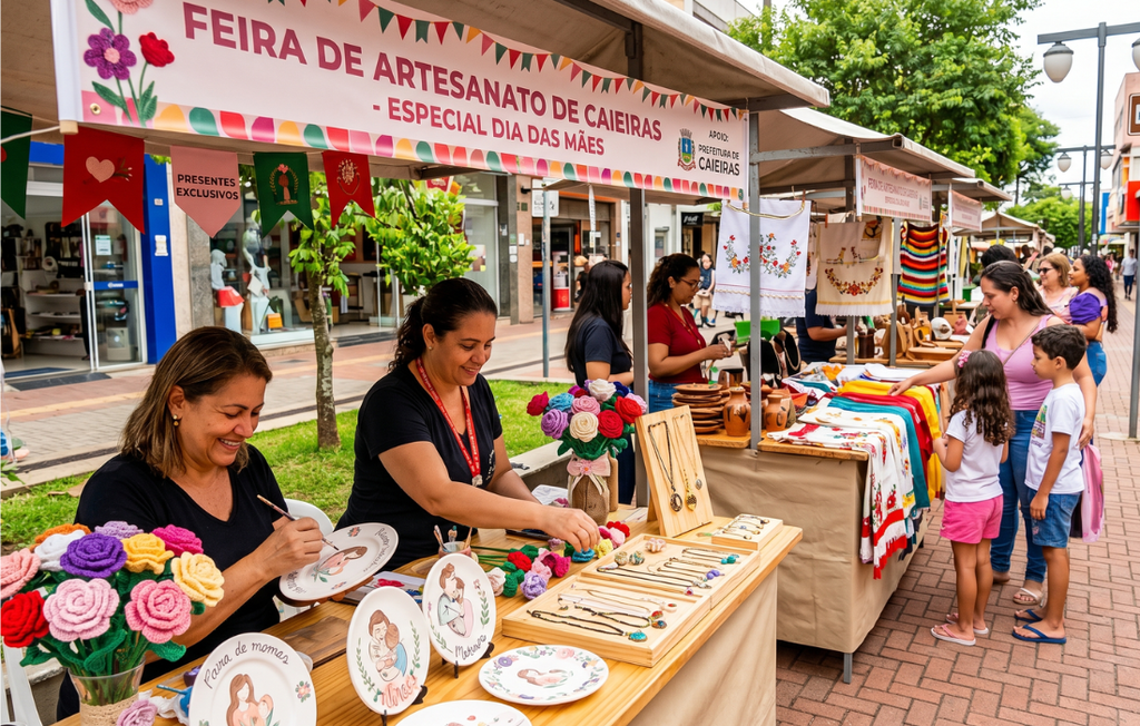 Imagem gerada por IA: Várias barracas exibem produtos feitos à mão, como panos bordados, joias, pratos decorativos com ilustrações de mãe e filhos e flores de tricô coloridas. Pessoas caminham e conversam com os expositores sob árvores e lojas ao fundo. Um banner principal anuncia o evento e mostra o apoio da Prefeitura de Caieiras.