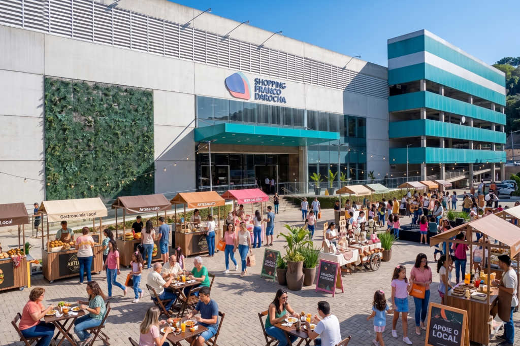 Imagem gerada por IA: Evento comunitário em frente ao Shopping Franco da Rocha, com barracas de madeira cobertas por toldos que exibem placas como “Gastronomia Local”, “Artesanato”, “Feira das Mães” e “Apoie o Local”. Pessoas circulam pelo espaço, observando os produtos e aproveitando comidas e bebidas nas mesas. O prédio moderno do shopping aparece ao fundo, com destaque para o jardim vertical em uma das paredes e a estrutura de estacionamento com detalhes em azul turquesa. A cena transmite clima festivo e acolhedor, valorizando negócios e artesãos locais.