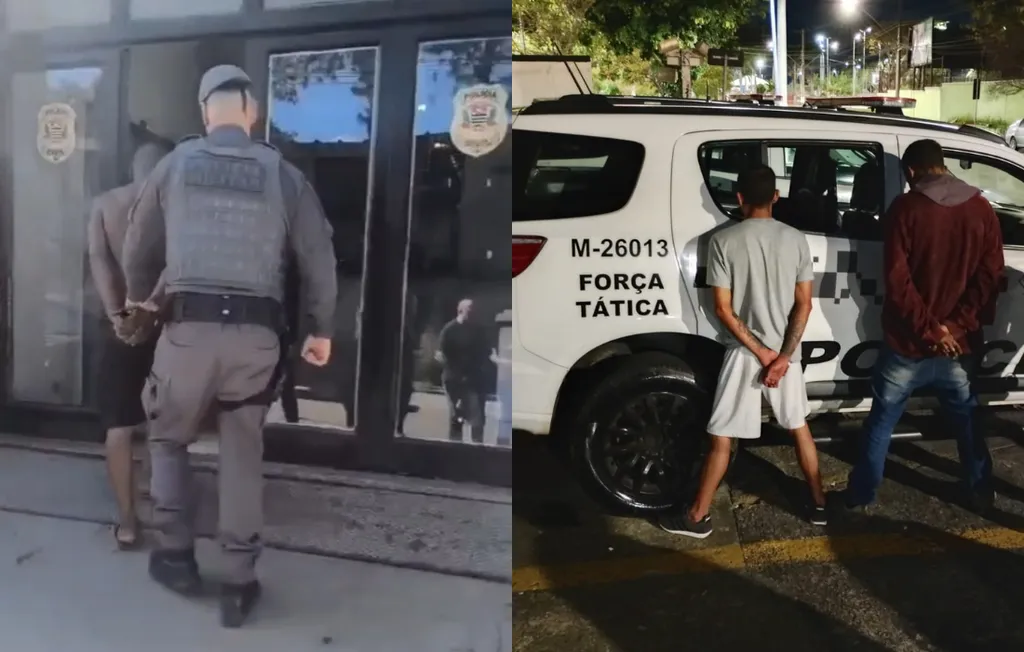 Colagem de duas imagens, uma mostra um policial levando um suspeito para a delegacia, na outra imagem dois suspeitos estão de costas para a foto perto de uma viatura