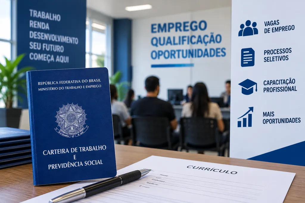 Imagem ilustrativa de uma Carteira de Trabalho e um currículo sobre uma mesa, com candidatos aguardando atendimento em um centro de empregos ao fundo.