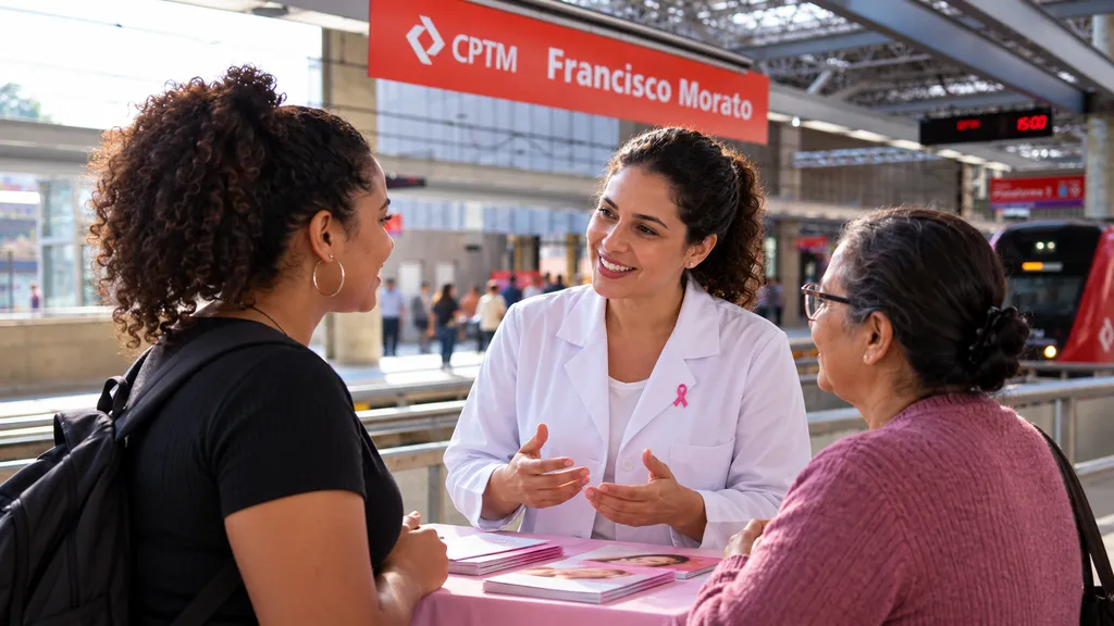 Uma profissional da saúde conversando com outras duas mulheres sobre saúde feminina na estação Francisco Morato da Linha 7-Rubi