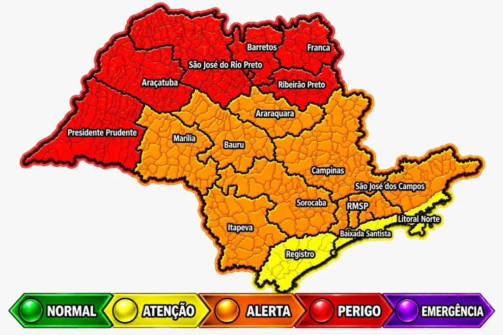 Mapa mostrando quais as temperaturas para cada região do estado de São Paulo