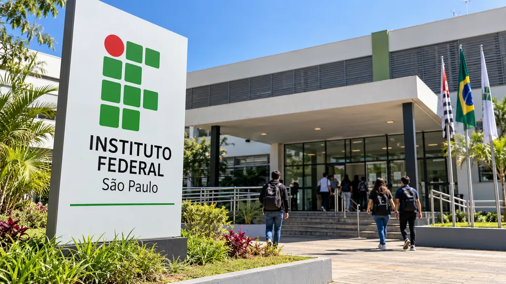 Imagem ilustrativa da entrada de uma unidade do Instituto Federal de São Paulo (IFSP), com identificação da instituição, prédio de ensino ao fundo e estudantes caminhando em direção à entrada