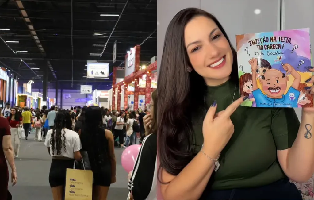 Uma colagem com duas fotos, na primeira temos pessoas andando pela Bienal do Livro de São Paulo e na segunda temos a escritora de Franco da Rocha, Mila Bertolini segurando seu livro