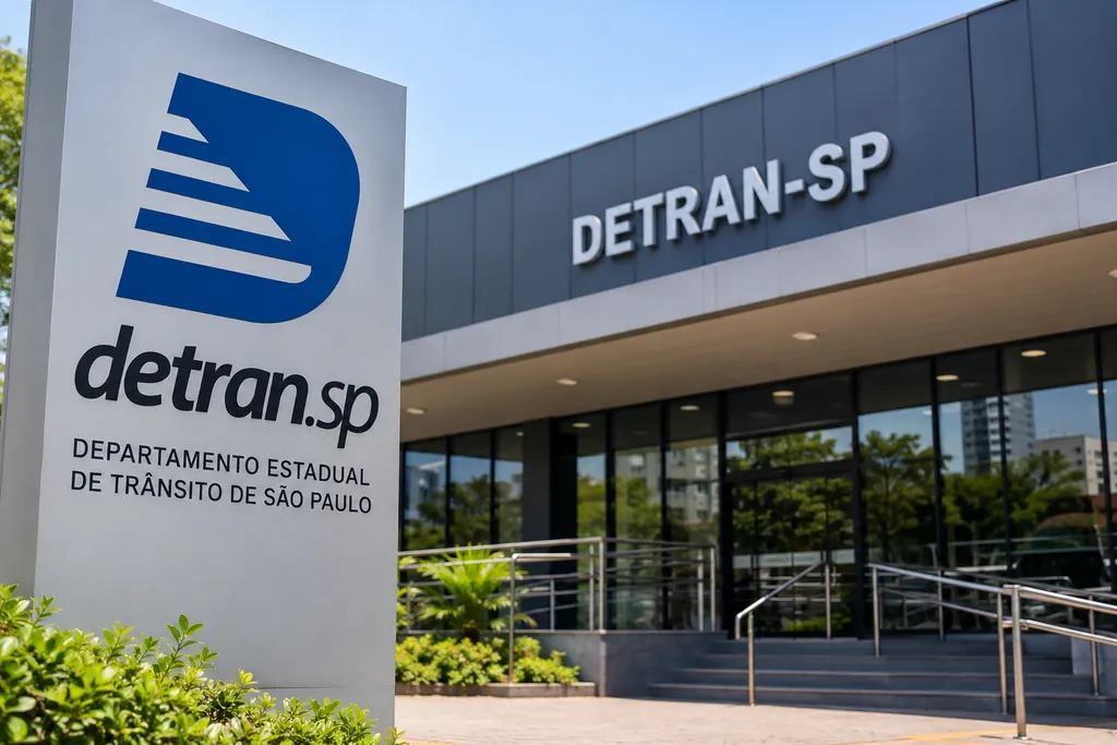 Imagem ilustrativa de uma unidade do Detran-SP, com identificação do Departamento Estadual de Trânsito de São Paulo em primeiro plano.