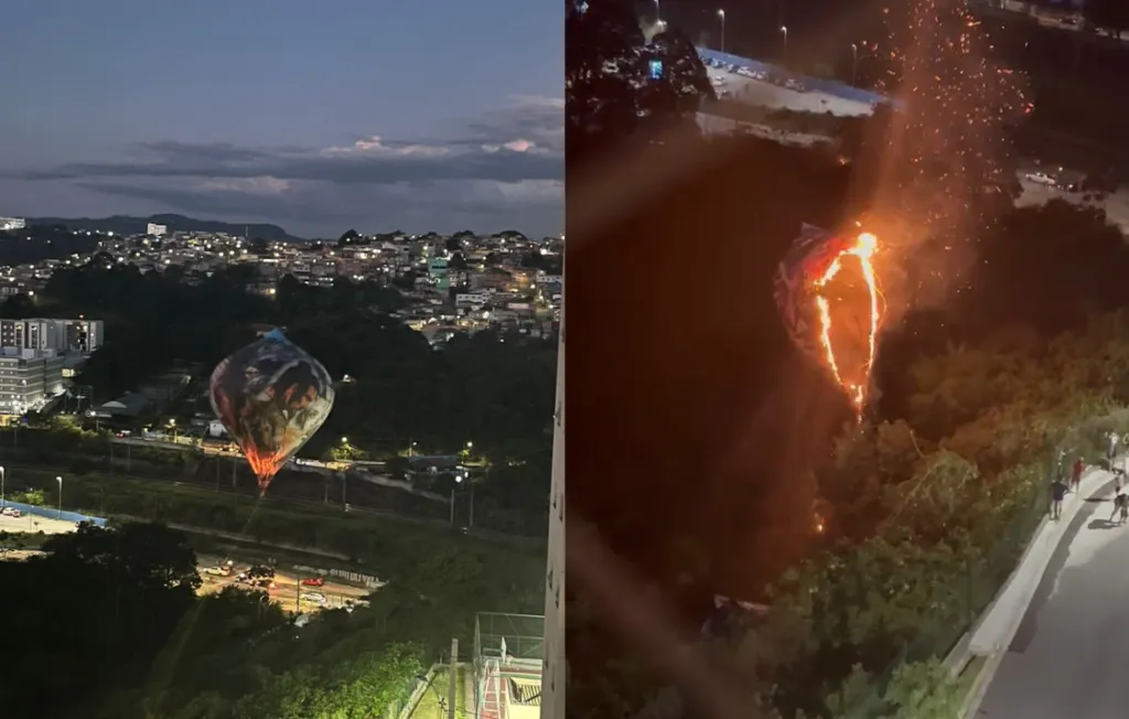As fotos mostram um balão perdendo altitude próximo a uma área de mata no bairro Vila Bela, em Franco da Rocha, e logo em seguida o balão começa a pegar fogo