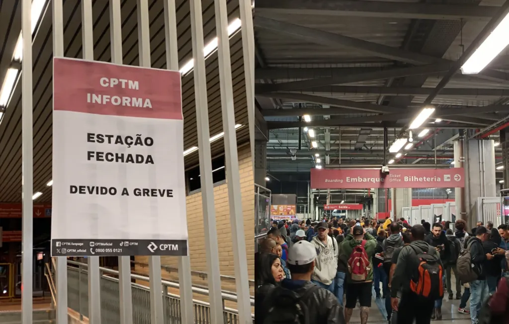 Placa informando sobre estação da CPTM fechada, devido a greve e lotação de pessoas fora da estação